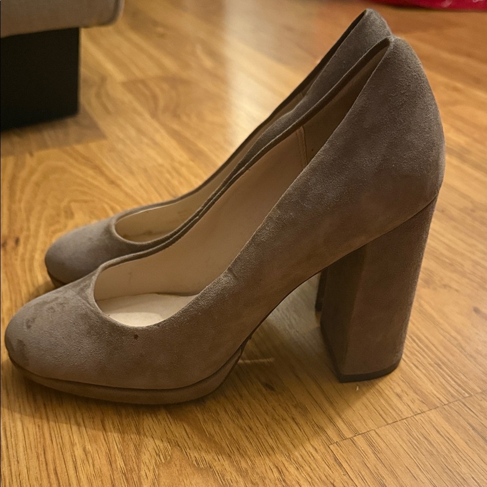Cole Haan Taupe Suede Block Heel Pumps